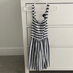 Girls blue and white linen cross back summer dress with front pockets